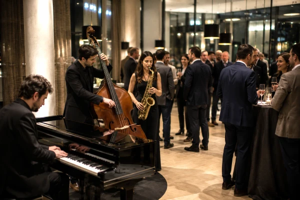 Trio de jazz en coctel corporativo con piano y violonchelo. Músicos eGalo