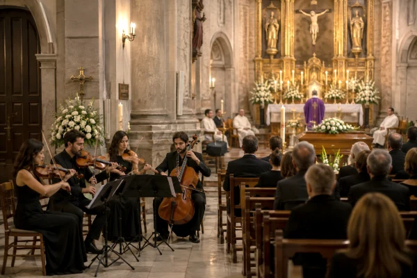 Cuarteto de músicos acompañando la misa funeral en tanatorio de Madrid