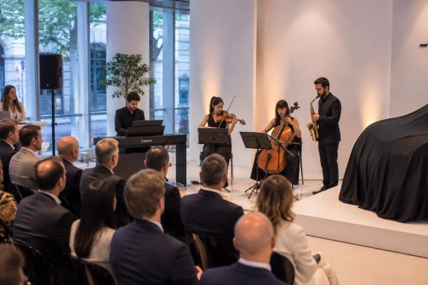 Cuarteto de músicos acompañando la presentación de un producto estrella